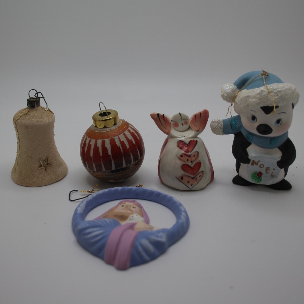 Vintage Christmas Ornaments Lot 5 Bell Angel‎ Santa Madonna Painted
